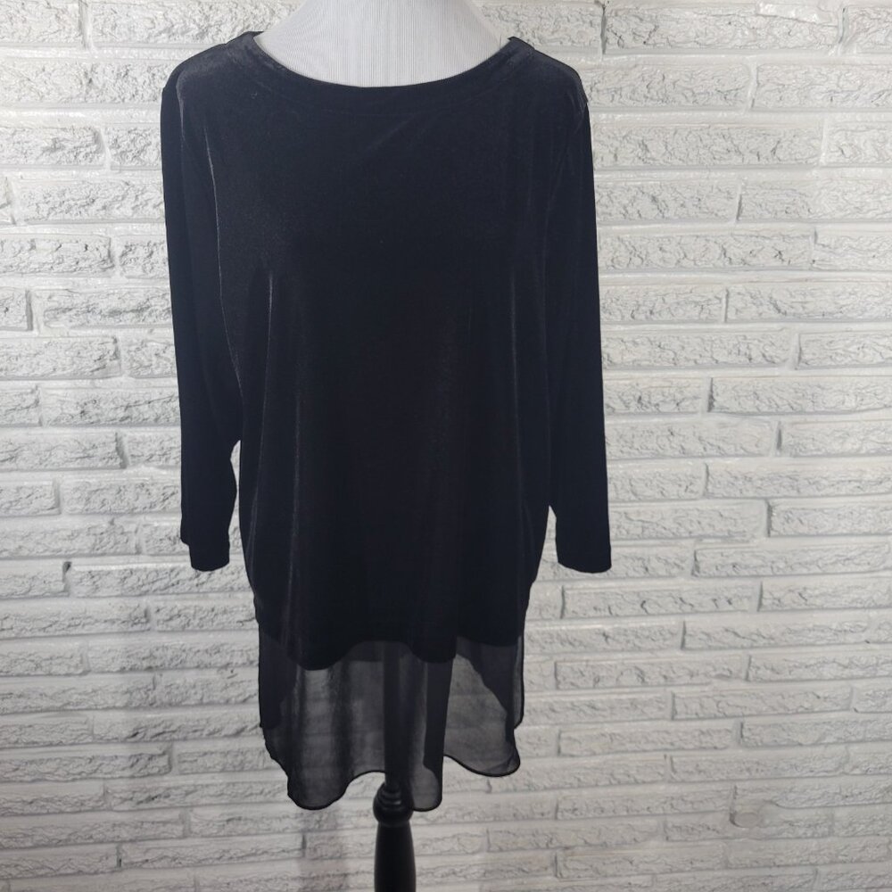Alfani Women's XL Tunic Top Black Velour 3/4 Sleeve Chiffon Hem Blouse BLA85E